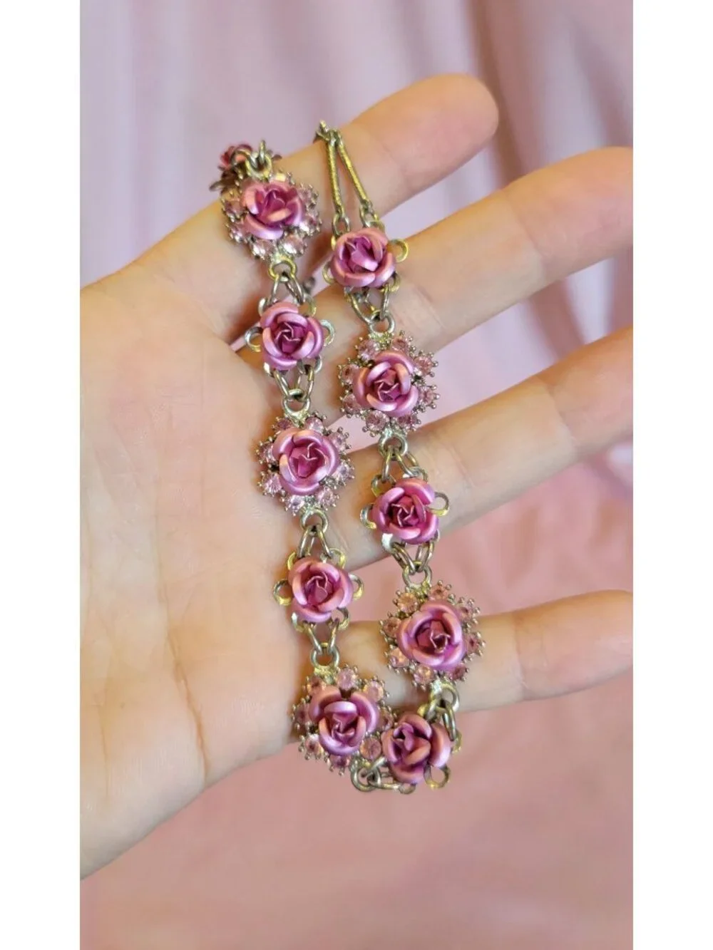 Vintage Avon Nina Ricci Silver Tone Pink Rhinestone Flower Choker Necklace N1A